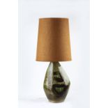 Tremaen Pottery Lamp base pebble form, with green and brown glaze, with original shade impressed