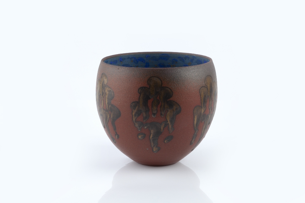 Geoffrey Eastop (1921-2014) Bowl bronze detailing on red ground, blue interior painted potter's