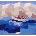 Julian Bailey (b.1963) Rowing boat by cliffs monogrammed (lower right) oils on board 37cm x 39.5cm.