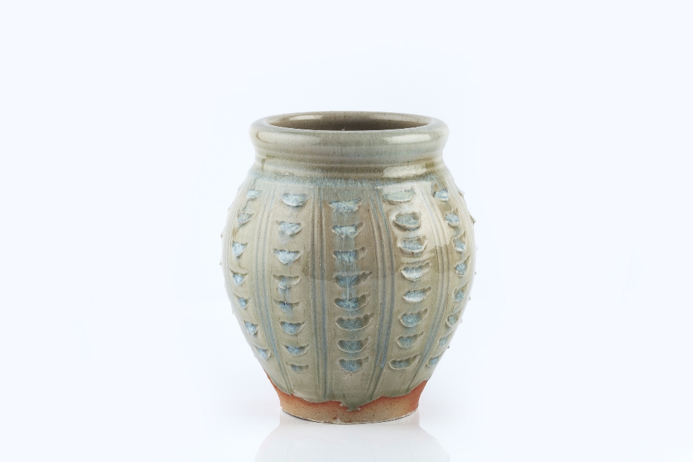 John Nuttgens (Contemporary) Vase celadon with rhododendron glaze impressed potter's seal 21cm