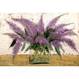 Minou Steiner (b.1939) Still life of purple flowers signed (lower right) oils on card 38cm x 56cm.
