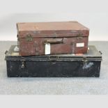 A military tin trunk, together with a leather case,