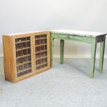 A glazed pine hanging cabinet, 95cm, together with a green painted table,