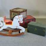 A red vintage metal bound travelling trunk, 92cm,