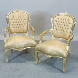 A pair of French style gold Damask upholstered show frame open armchairs