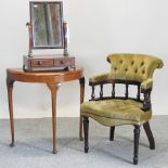 A mahogany and gold upholstered button back open armchair, together with a half round side table,