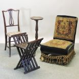 A folding x-frame stool, together with a Victorian nursing chair,