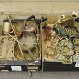 Two boxes of copper, brass and other metalware,