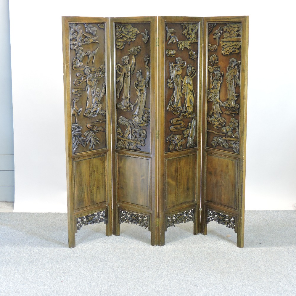 A Japanese hardwood carved four fold screen, - Image 7 of 7