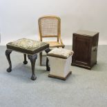 A 19th century Chippendale style footstool, 58cm, together with a cane chair,