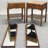 A pair of walnut side tables, together with a pair of arched mirrors,