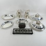 A pair of 19th century silver plated entrée dishes and covers, together with a metal box,