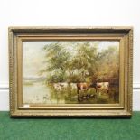George Harris, 1857-1915, 19th century, oil on board, river landscape with cattle watering, signed,