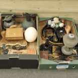 Two boxes of items to include a papier mache tray, oriental boxes,