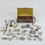 A collection of mainly pewter brooches, together with pocket watches and coins,