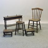 A pair of 19th century oak footstools, together with a shelf, 71cm,