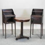 A pair of George III mahogany pot cupboards, 38cm, together with a rosewood circular side table,