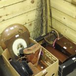 Two boxes of items, to include a mahogany tray, boxes, a 19th century copper foot warmer, 43cm wide,