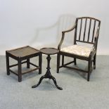 A George III open armchair, together with a tripod table and a stool,