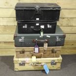 A collection of vintage suitcases, together with a World War I box, inscribed W.