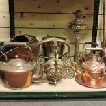 A collection of mainly 19th century copper and brass wares, to include a Corinthian column oil lamp,