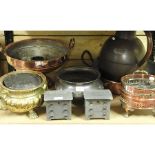A collection of copper and brass jardinieres, together with a pair of novelty pewter tea caddies,