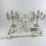A collection of silver plated items, to include a pair of candelabra,
