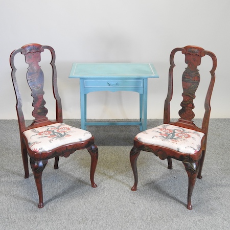 A pair of chinoiserie decorated side chairs, together with a painted side table,