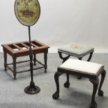 A Victorian pole screen, 143cm high, together with an x-frame footstool,