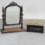 A mahogany swing frame toiletry mirror, together with a stool,