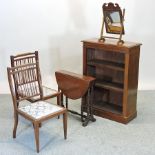 A walnut dwarf open bookcase, 66cm, together with a swing framed toiletry mirror,