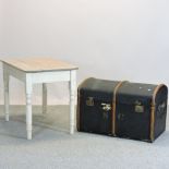 A canvas and wood bound dome top trunk, 87cm,