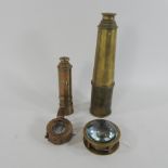 A reproduction brass telescope, 28cm unextended, together with a marching compass,
