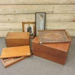 A mahogany box, 50cm, together with an oak filing box, another box, a carved tray,