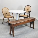 An open armchair, with a caned back, together with another similar, a painted tripod table, 84cm,