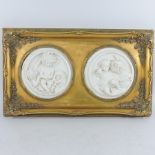 A pair of composite plaques, each depicting children, both housed within the same gilt frame,