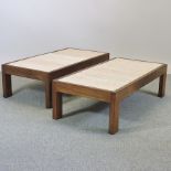 A pair of hardwood coffee tables with marble tops,