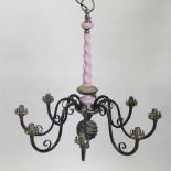 A wrought iron chandelier,