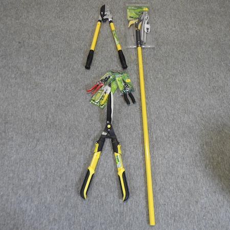 Three pairs of secateurs, together with an eight foot telescopic pruner,