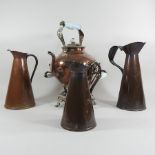 A Victorian copper and porcelain mounted kettle on stand, 40cm high,