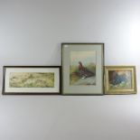 Simon Trinder, game birds, watercolour, 13 x 38cm, together with a still life of fruit,