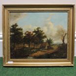 Continental school, 19th century, a woodland scene with a figure on a path, oil on panel,