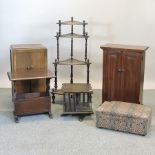 An oak magazine rack, 51cm, together with a boot rack, cabinet, Victorian corner whatnot,