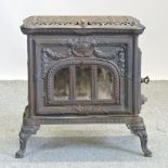 A cast iron wood burning stove,