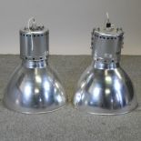 A pair of aluminium industrial ceiling lights,