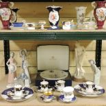 Two shelves of 19th century and later china, to include Lladro figures and Coalport,