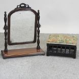 A Victorian mahogany swing frame toiletry mirror, together with a stool,