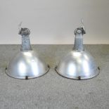 A pair of aluminium industrial ceiling lights,