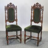 A set of six Victorian oak and green upholstered high back dining chairs