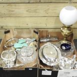 Two boxes of silver plated items to include a rose bowl and a dressing table set,